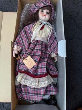 Brinn's Collectible Porcelain Doll Maureen in Pink Plaid Dress with Bonnet